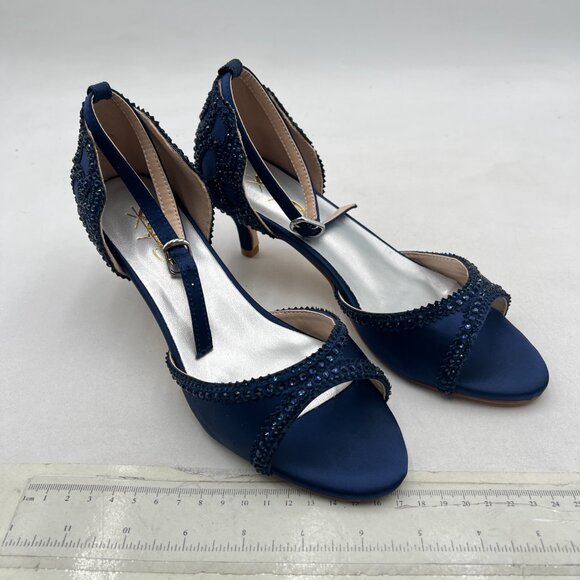 XYD Navy Open Toe Rhinestones Ankle Strap Sandals Low Heel Bridal Evening Shoes - Picture 4 of 8